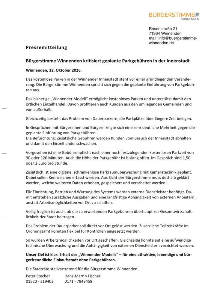 Pressemitteilung BWin__Einführung Parkgebühren
